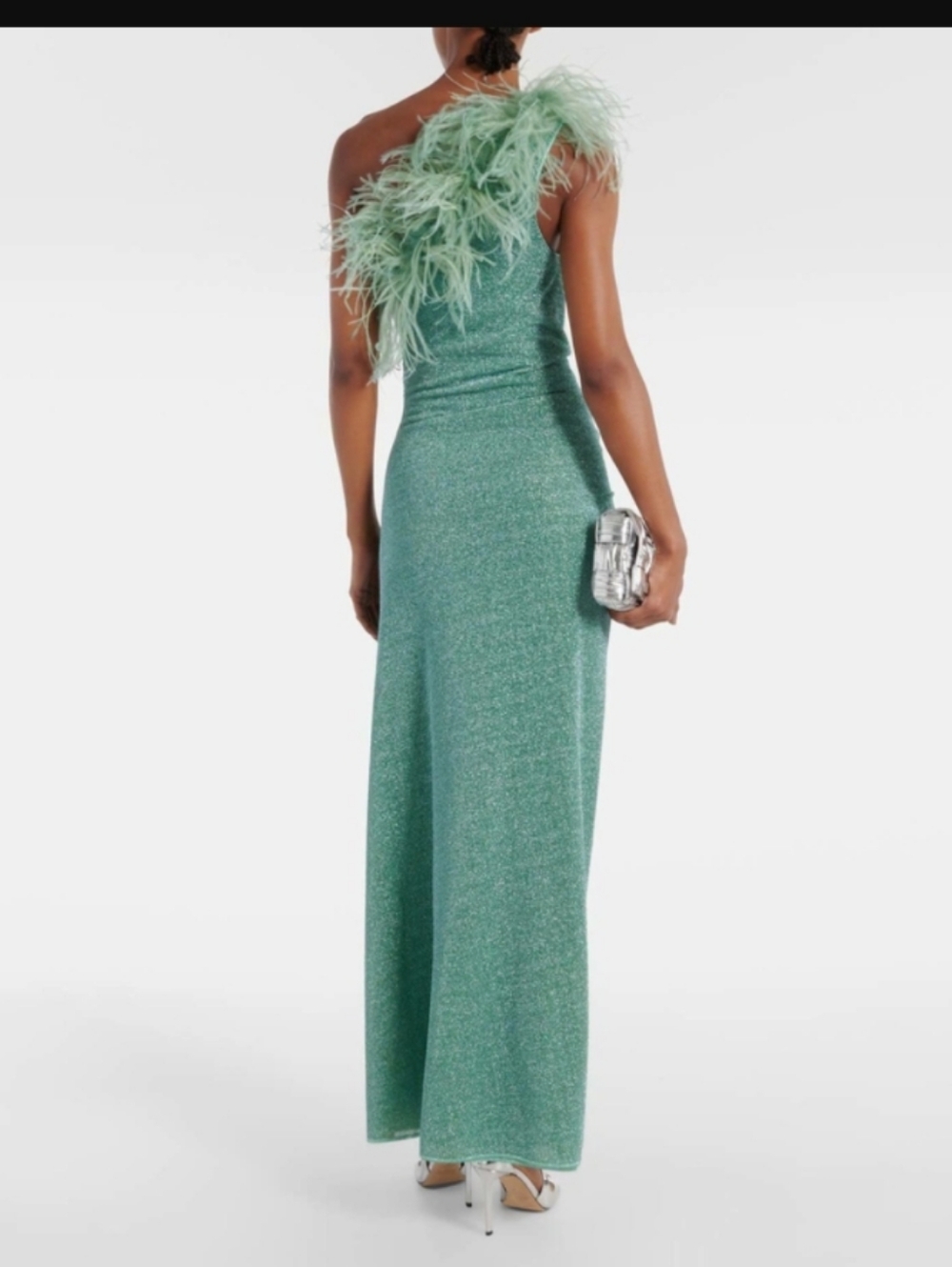 Oseree Plumage One-Shoulder Feather Trim Maxi Dress in Mint - Picture 4 of 6
